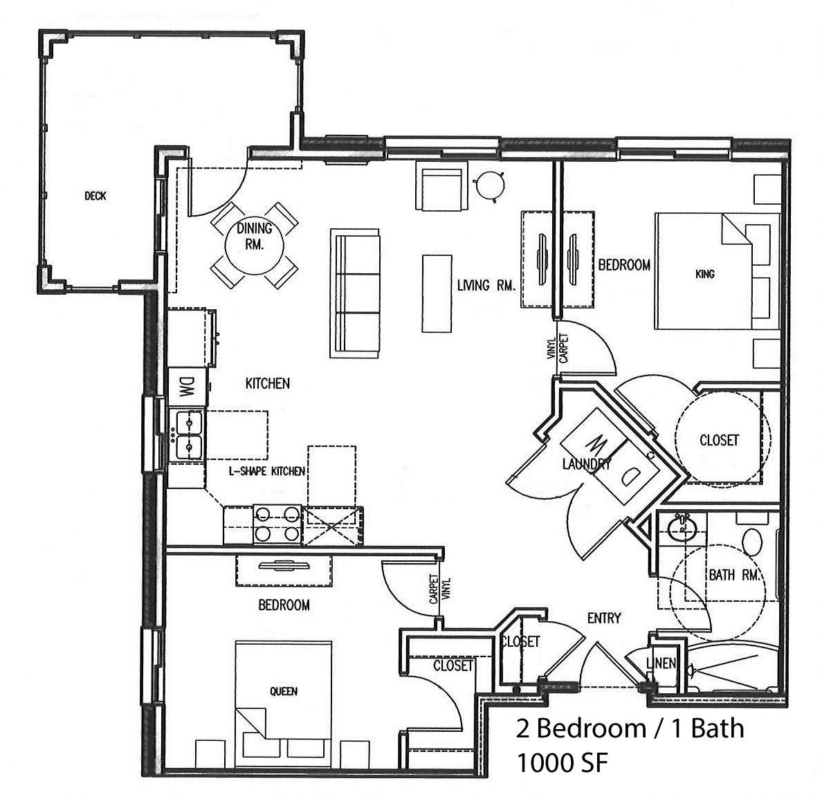 Floor plan for 2 beds, 1 bath, 1000 sqft